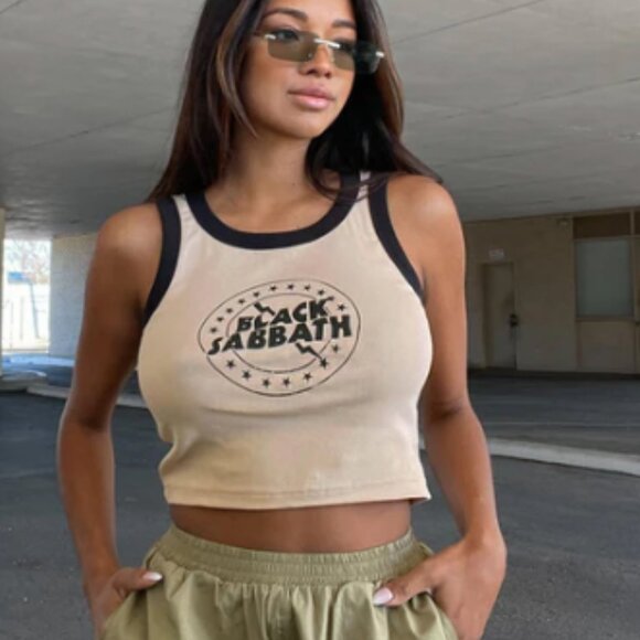 Princess Polly Black Sabbath Tank Top - Black and Tan - Picture 1 of 2